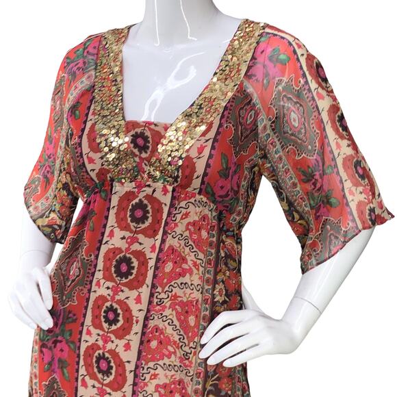 New Look Womens Size UK 12 US 8 Kaftan Midi Dress Half Sleeve Paisley Silk Red - Picture 2 of 15